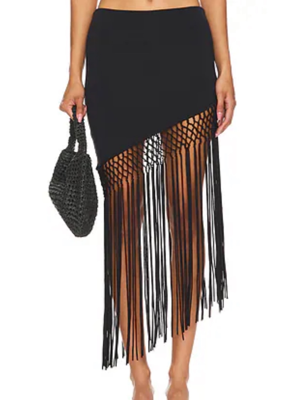 More to Come Black Fringe Asymmetric Midi Skirt
